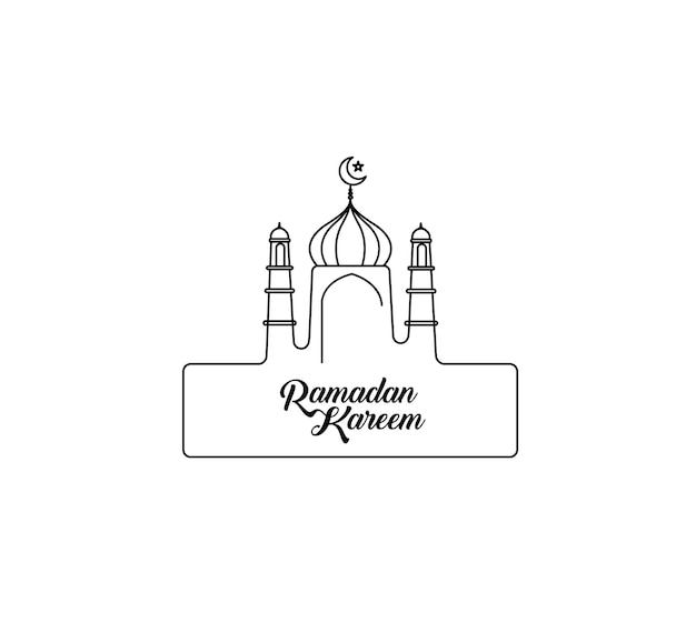 Eid mubarak línea arte caligrafía elegante letras ramadan kareem texto luna con mezquita vector ilustración