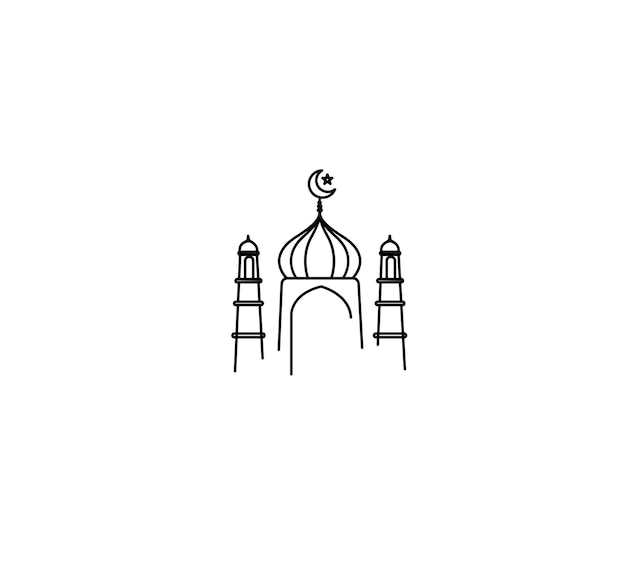 Eid mubarak línea arte caligrafía elegante letras ramadan kareem texto luna con mezquita vector ilustración