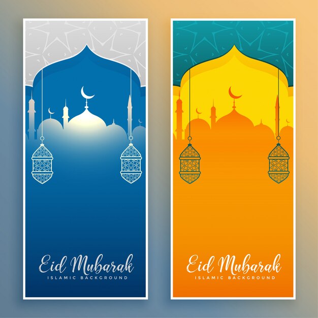 Eid mubarak pancartas elegantes con mezquita y linterna