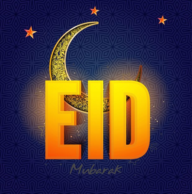Eid de texto 3D brillante con Luna Creciente Creciente y estrellas para el concepto de Celebración Santo Festival islámico.