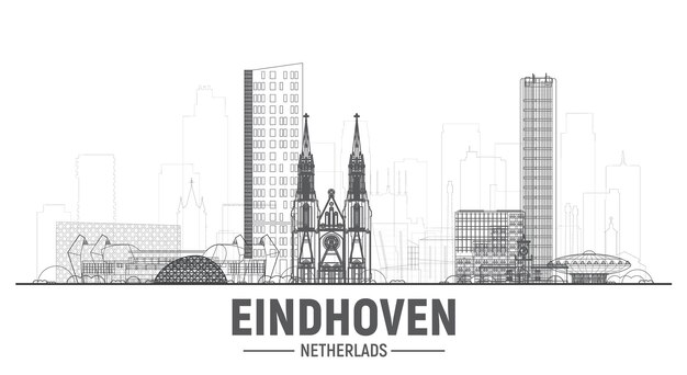 Eindhoven, los Países Bajos, el horizonte de la línea con panorama en el fondo blanco, ilustración vectorial, concepto de viajes de negocios y turismo con edificios modernos, imagen para banner o sitio web