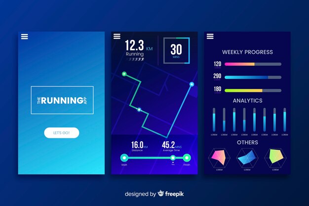 Ejecutando aplicación móvil infografía de diseño plano.