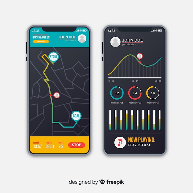 Ejecutando aplicación móvil infografía estilo plano.