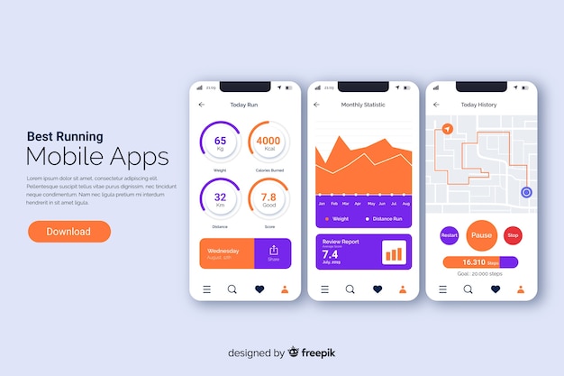 Ejecutando aplicación móvil infografía estilo plano.