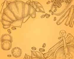 Vector gratuito ejemplo dibujado mano del vintage de la amoladora de café con el cruasán, concepto del desayuno.