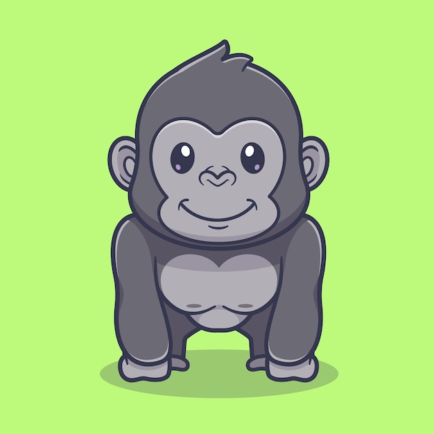 Ejemplo feliz lindo del icono del vector de la historieta del gorila. Naturaleza Animal Icono Concepto Aislado Premium