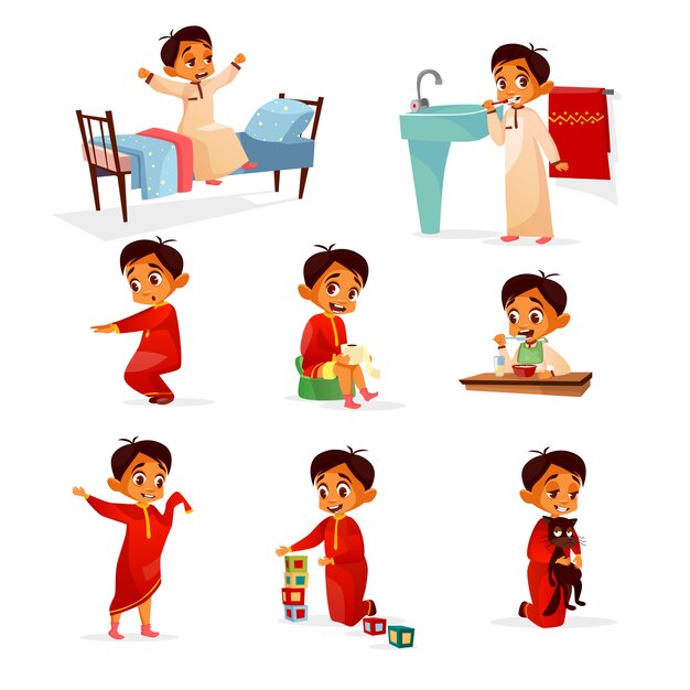 Chico Horario Diario. Niño De Dibujos Animados, Rutina Escolar. Niño Lindo  Comiendo, Durmiendo, Haciendo Higiene. Concepto De Vector Decente Chico  Preescolar Feliz Aislado Ilustraciones svg, vectoriales, clip art  vectorizado libre de derechos.