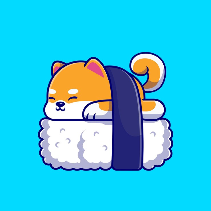 Vector gratuito ejemplo lindo del icono de la historieta del sushi del perro de shiba inu.