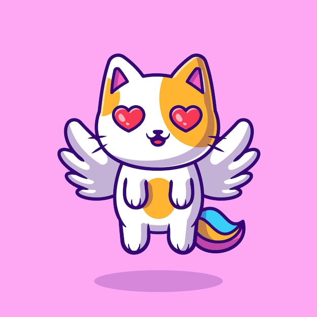 Ejemplo lindo del icono de la historieta del vuelo del unicornio del gato. Concepto de icono de naturaleza animal aislado Vector Premium. Estilo de dibujos animados plana