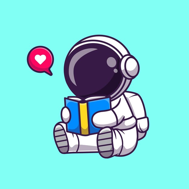 Ejemplo lindo del icono del vector de la historieta del libro de lectura del astronauta. Concepto de icono de educación de ciencia aislado Vector Premium. Estilo de dibujos animados plana