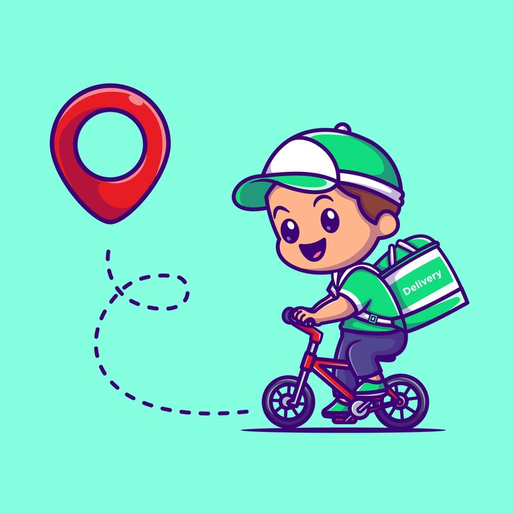 Vector gratuito ejemplo lindo del icono del vector de la historieta del paquete de la entrega del mensajero. concepto de icono de transporte de personas aislado vector premium. estilo de dibujos animados plana