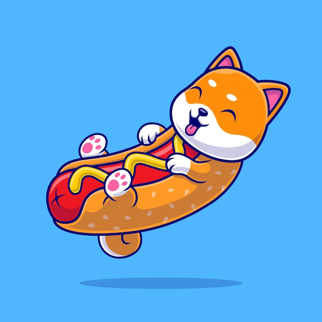 Ejemplo lindo del icono del vector de la historieta del perrito caliente de Shiba Inu. Concepto de icono de comida animal aislado Vector Premium. Estilo de dibujos animados plana