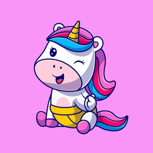 Ejemplo lindo del icono del vector de la historieta del unicornio del bebé. Concepto de icono de naturaleza animal aislado Vector Premium. Estilo de dibujos animados plana