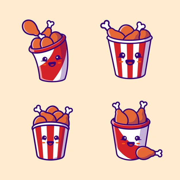 Ejemplo lindo del vector de la historieta de la colección del pollo frito del cubo. Concepto de comida rápida Vector aislado. Estilo de dibujos animados plana