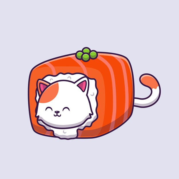 Ejemplo lindo del vector de la historieta del salmón del sushi del gato.