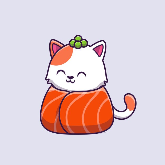 Ejemplo lindo del vector de la historieta del salmón del sushi del gato.