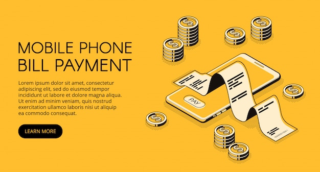 Ejemplo del pago de la cuenta del teléfono móvil del smartphone con el recibo del dinero y de la factura.