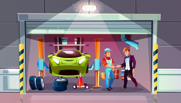 Ejemplo del reemplazo del cambio del neumático del garaje del coche. Mecánico y cliente se dan la mano.
