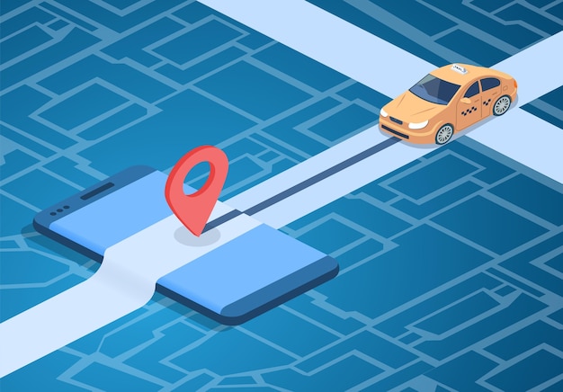 Ejemplo del servicio en línea del taxi del coche en mapa de la ciudad con el perno de la navegación en smartphone.