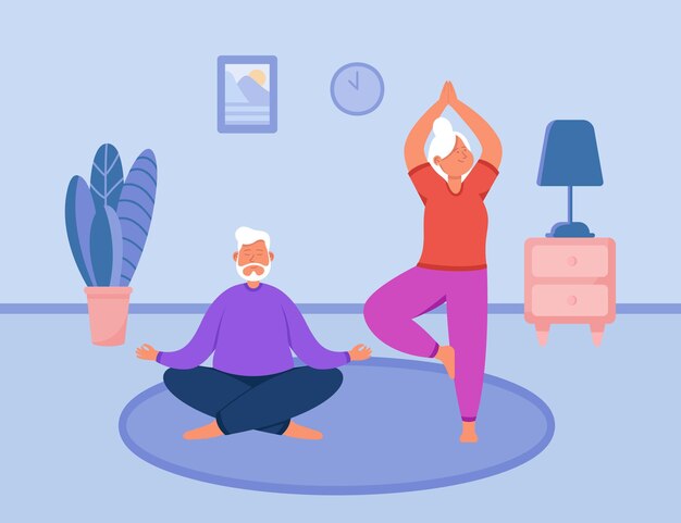 Ejercicios de yoga saludables de la pareja de ancianos. Feliz senior hombre y mujer que se extiende sobre la estera, haciendo meditación matutina juntos en casa ilustración vectorial plana. Estilo de vida familiar activo, concepto de deporte