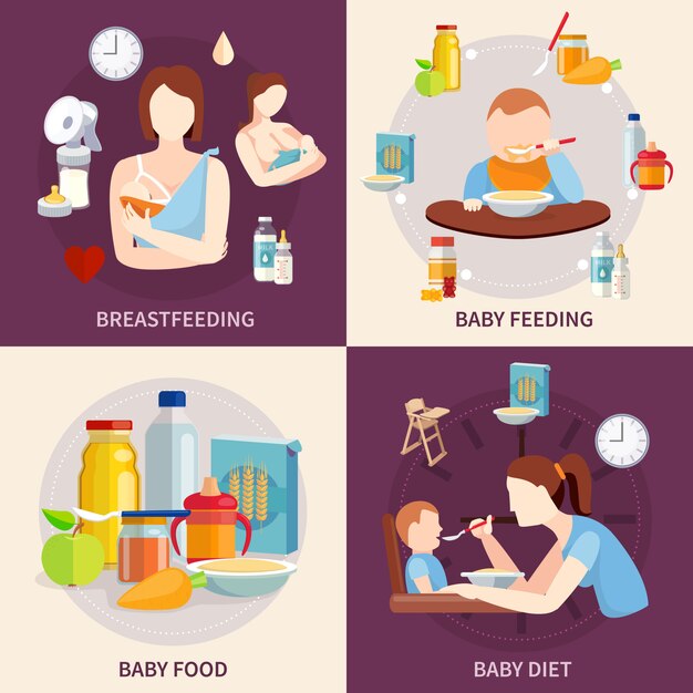 Elección de alimentos saludables para bebés y niños pequeños 4 iconos planos cuadrados composición banner