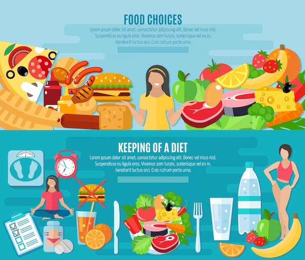 Elección de alimentos saludables para mantener la dieta baja en grasas 2 pancartas planas conjunto abstracto