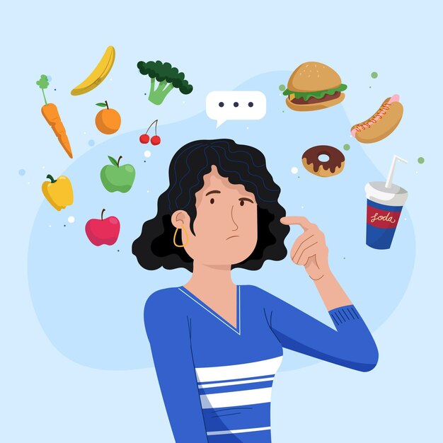Elección entre alimentos saludables o no saludables ilustrados