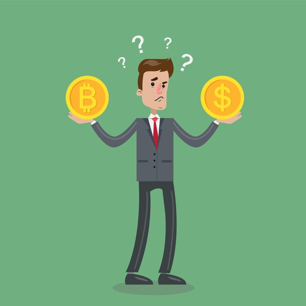 Elección de Bitcoin o dólar Empresario con cuttency con signos de interrogación