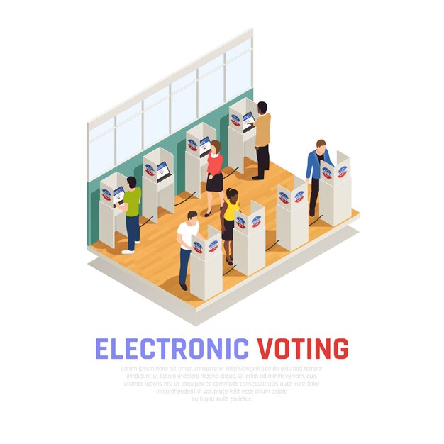 Elecciones y composición isométrica de votación con símbolos electorales electrónicos.
