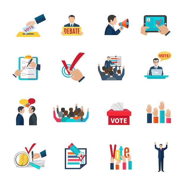 Elecciones con debates de votación y conjunto de iconos de agitación.