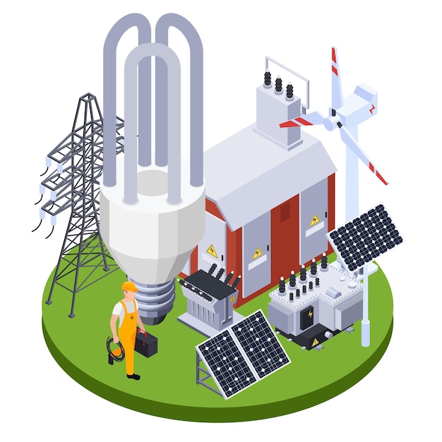 Electricista cerca de la subestación eléctrica con paneles solares y generador de viento, ilustración isométrica 3d