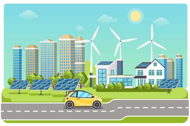 Electromóvil en carretera. Coche eléctrico, coche eléctrico, ciudad de molinos de viento, electromóvil solar, conducción por carretera. Ilustración vectorial
