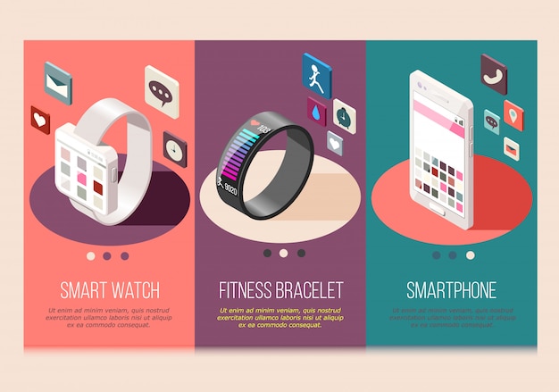 Electrónica portátil teléfono inteligente y reloj conjunto de pulsera de fitness isométrico composiciones aisladas