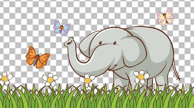 Vector gratuito elefante en el campo de hierba sobre fondo transparente