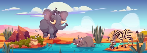 Elefante cebra cocodrilo hipopótamo en la orilla del río