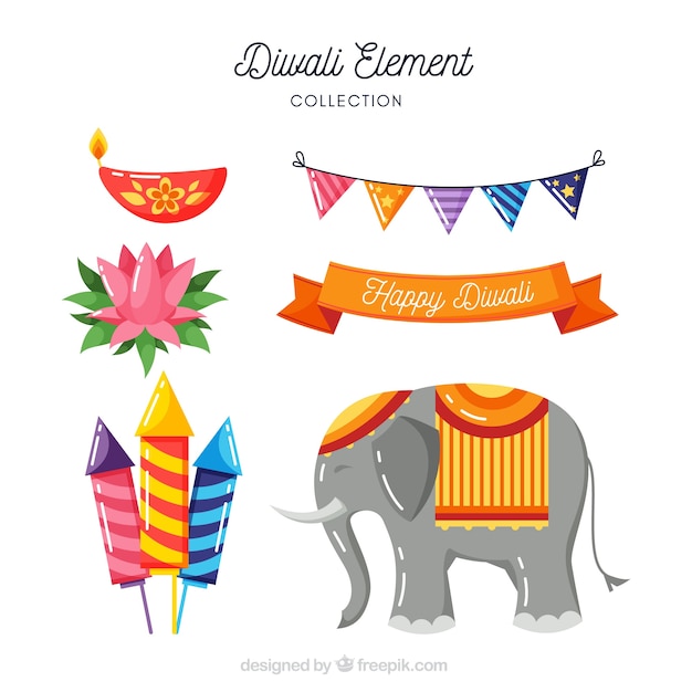 Vector gratuito elefante y elementos de diwali