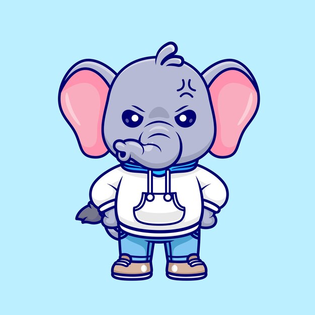 Elefante enojado lindo que lleva la ilustración del icono del vector de la historieta de la chaqueta con capucha. naturaleza animal aislada