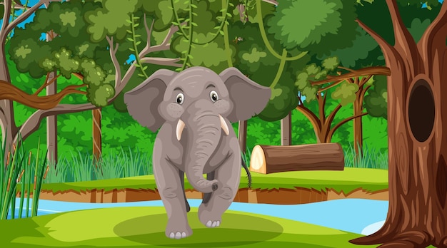 Vector gratuito elefante en escena de bosque o selva tropical con muchos árboles