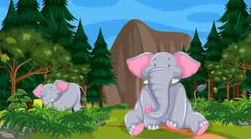 Vector gratuito elefante en escena de bosque o selva tropical con muchos árboles