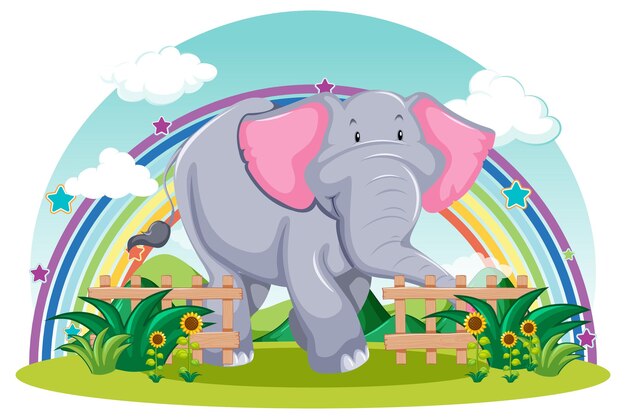 Elefante en el jardín con arco iris sobre fondo blanco.