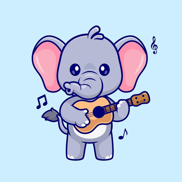 Elefante lindo que toca la ilustración del icono del vector de la historieta de la guitarra. Concepto de icono de música animal aislado