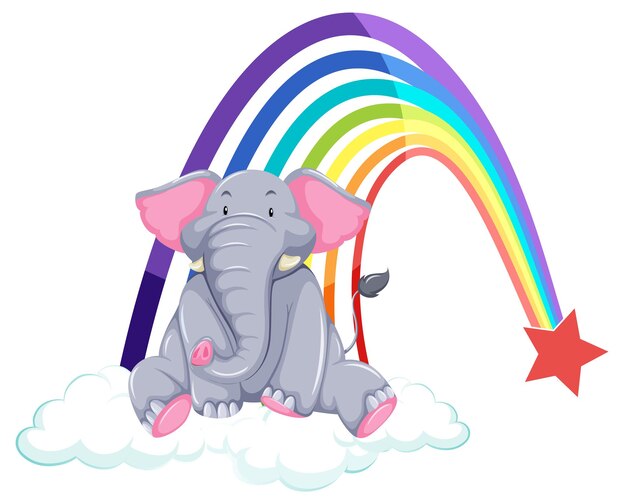 Un elefante en la nube con arco iris sobre fondo blanco.