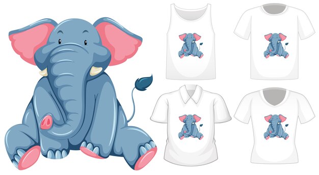 Elefante en posición sentada personaje de dibujos animados con muchos tipos de camisas