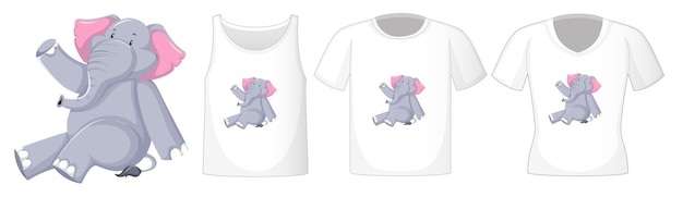 Elefante en posición sentada personaje de dibujos animados con muchos tipos de camisas