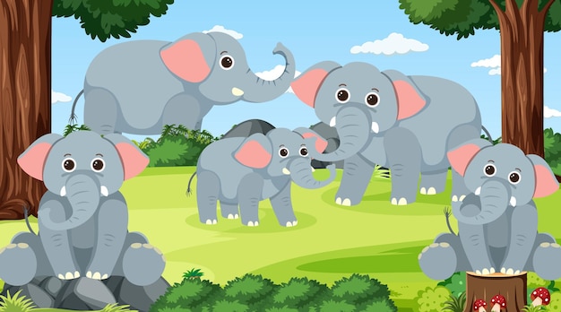 Elefantes en la escena del bosque.