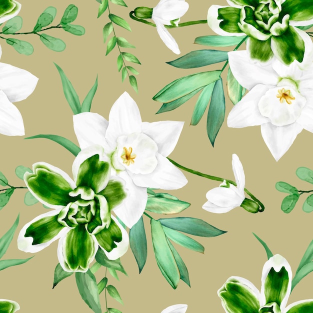 Vector gratuito elegante acuarela flor blanca y hojas verdes diseño de patrones sin fisuras