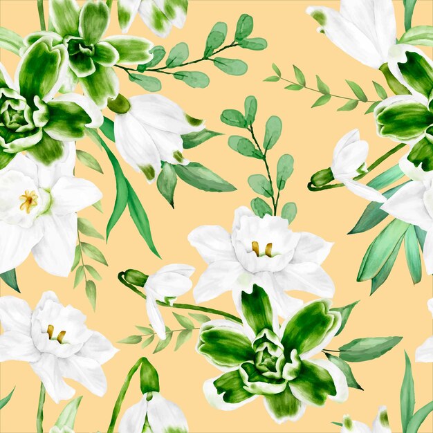 elegante acuarela flor blanca y hojas verdes diseño de patrones sin fisuras