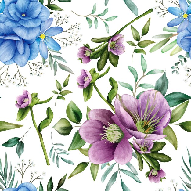 Elegante acuarela floral y hojas de patrones sin fisuras