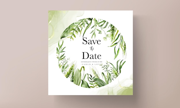 Vector gratuito elegante acuarela verde hierba y hojas plantilla de conjunto de tarjeta de invitación de boda