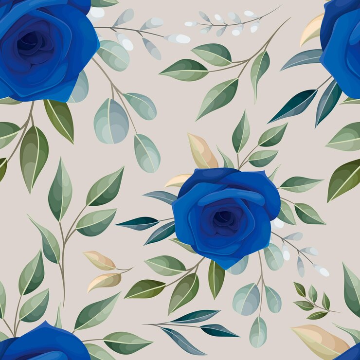 Vector gratuito elegante arreglo floral de rosas azules y blancas con patrón sin costuras